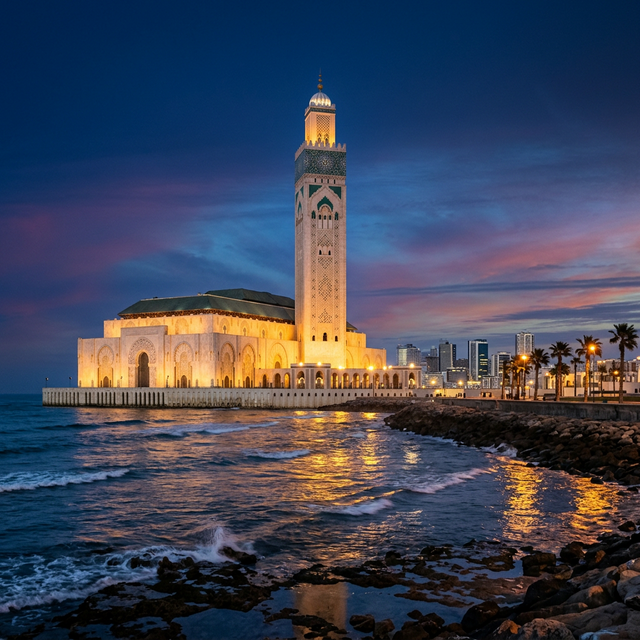Mosquée Hassan II de Casablanca au crépuscule — Vision long terme NovaRide